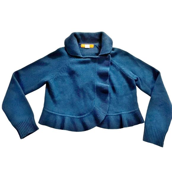 Cynthia Steffe Women 100% Cashmere Ruffle Trim Crop Cardigan Sweater Drk Teal, M - Picture 2 of 15